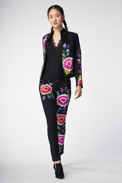 JEANS BLACK DENIM STRETCH FIORI ROSA DIPINTI A MANO - TEXTIL FLORES