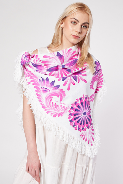 HAND PAINTED COTTON FRINGE TRIANGLE SHAWL - PINK TALAVERA