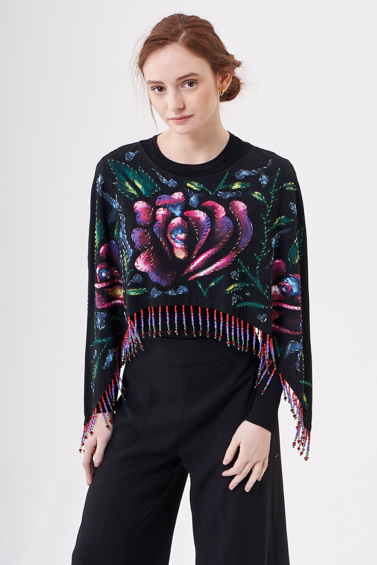 SHORT HAND-PAINTED AND HAND-EMBROIDERED CAPE WITH BEADED FRINGE