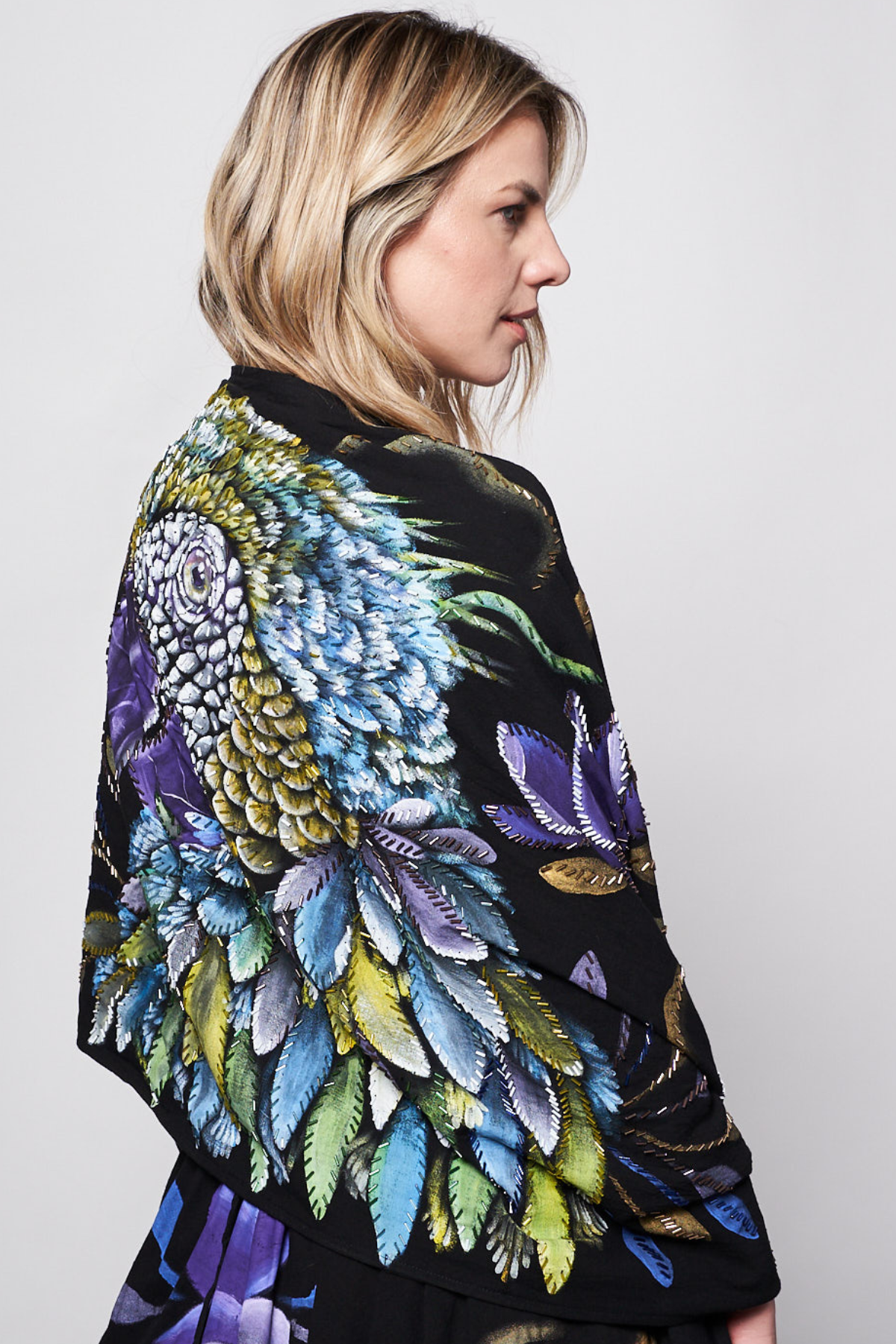 HAND PAINTED BEADED FRINGE SHAWL - GUACAMAYA