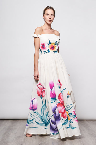 HAND-PAINTED AND HAND-EMBROIDERED LONG DRESS - FLORES