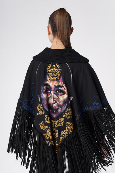 HAND-PAINTED PONCHO WITH SUEDE FRINGE