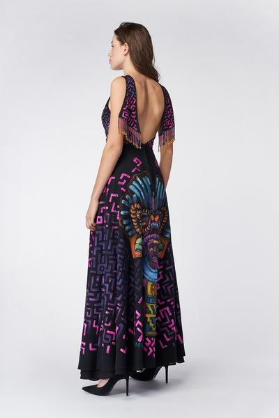 LONG HIGH-LOW HAND-PAINTED AND HAND-EMBROIDERED DRESS