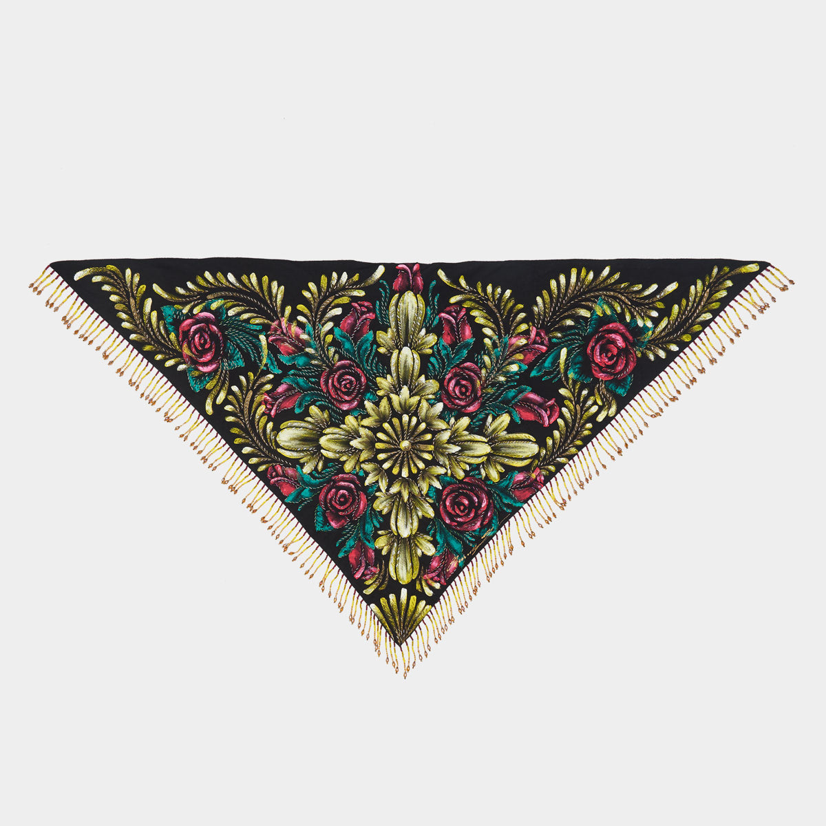 HAND-PAINTED AND HAND-EMBROIDERED TRIANGULAR SHAWL WITH BEADED FRINGE