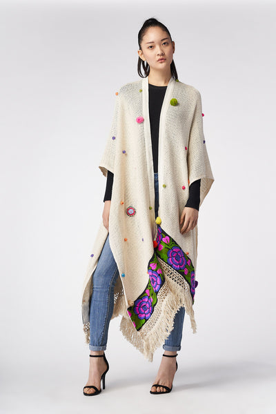 PONCHO CON BORDI IN JACQUARD FLOREALI - TEXTIL FLORES