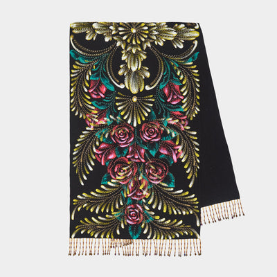 HAND-PAINTED AND HAND-EMBROIDERED SHAWL WITH BEADED FRINGE