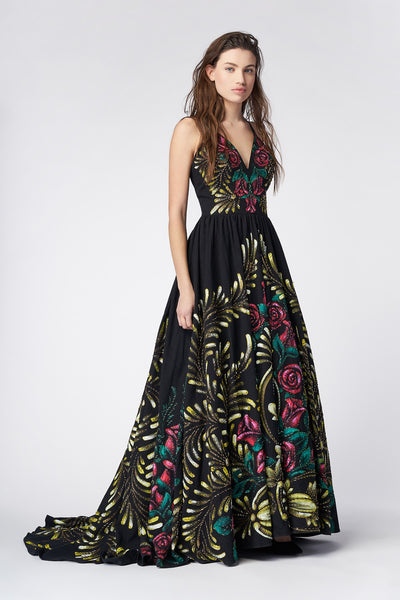 HAND PAINTED AND HAND-EMBROIDERED LONG V-NECK DRESS 