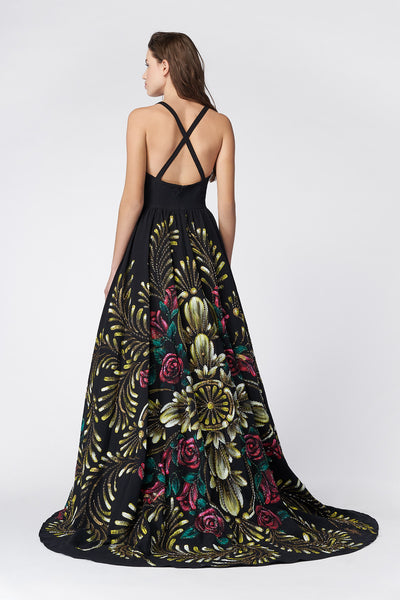 HAND PAINTED AND HAND-EMBROIDERED LONG V-NECK DRESS 
