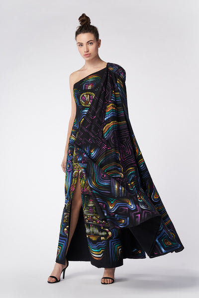 HAND-PAINTED AND HAND-EMBROIDERED ONE-SHOULDER LONG DRESS