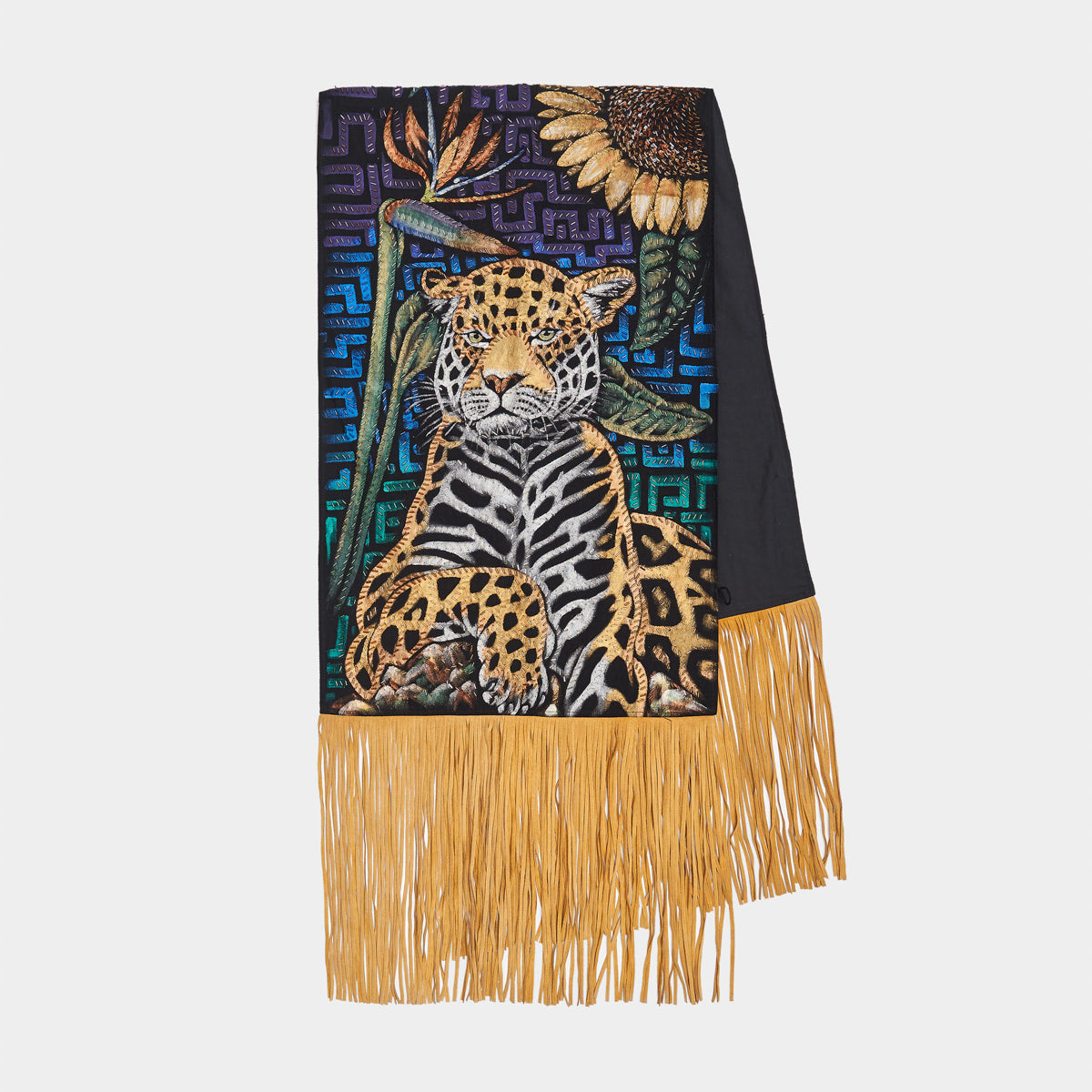 HAND-PAINTED AND HAND-EMBROIDERED SIDE SHAWL WITH SUEDE FRINGE