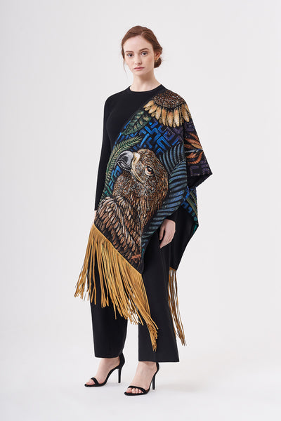 HAND-PAINTED AND HAND-EMBROIDERED SIDE SHAWL WITH SUEDE FRINGE