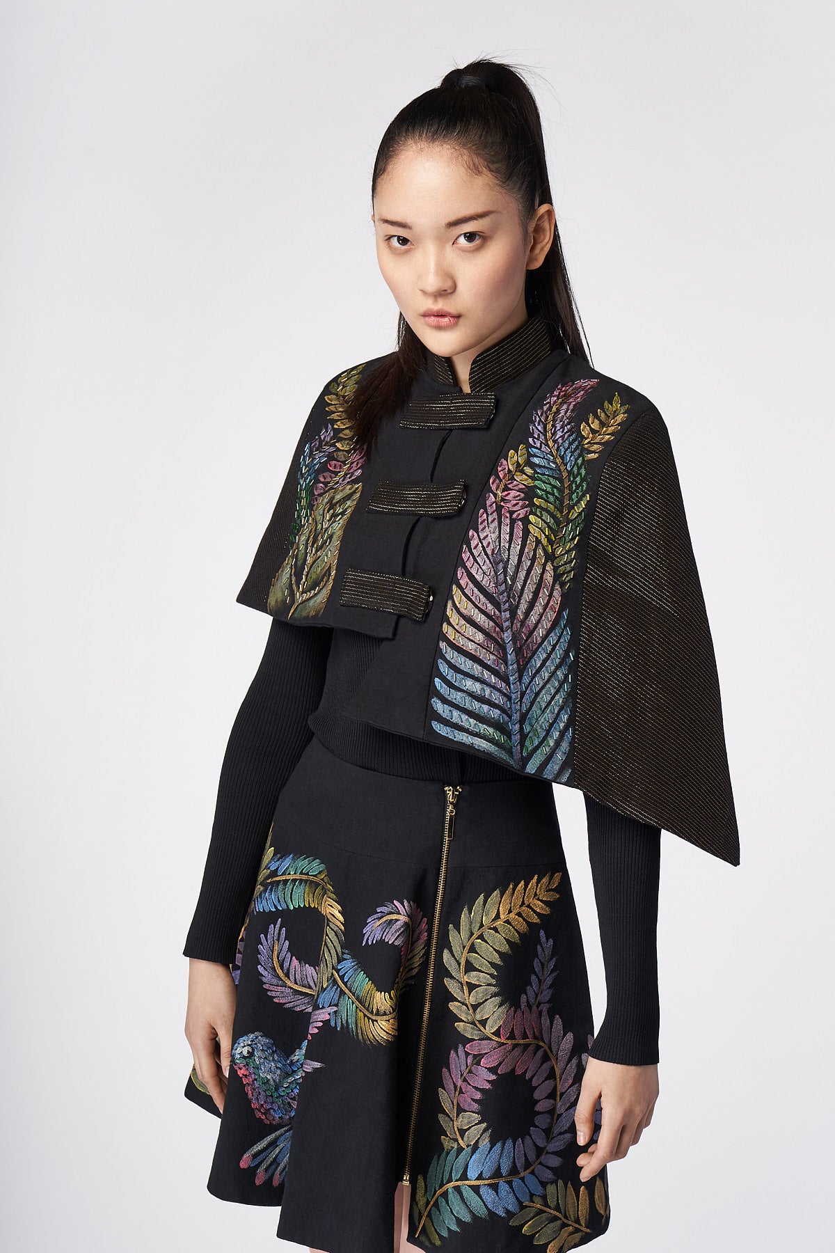 SHORT HAND-PAINTED AND HAND-EMBROIDERED IRREGULAR CAPE