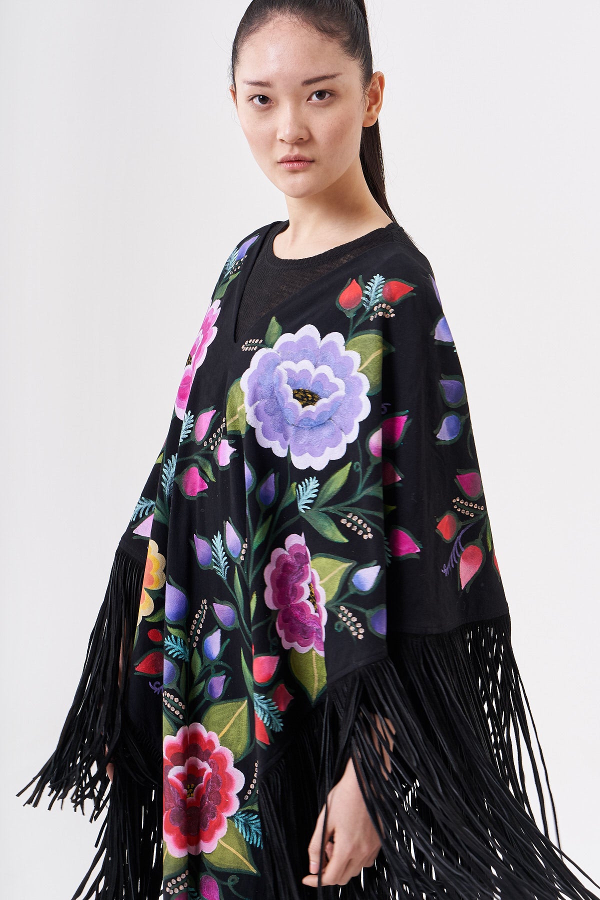 LONG HAND-PAINTED PONCHO WITH SUEDE FRINGE