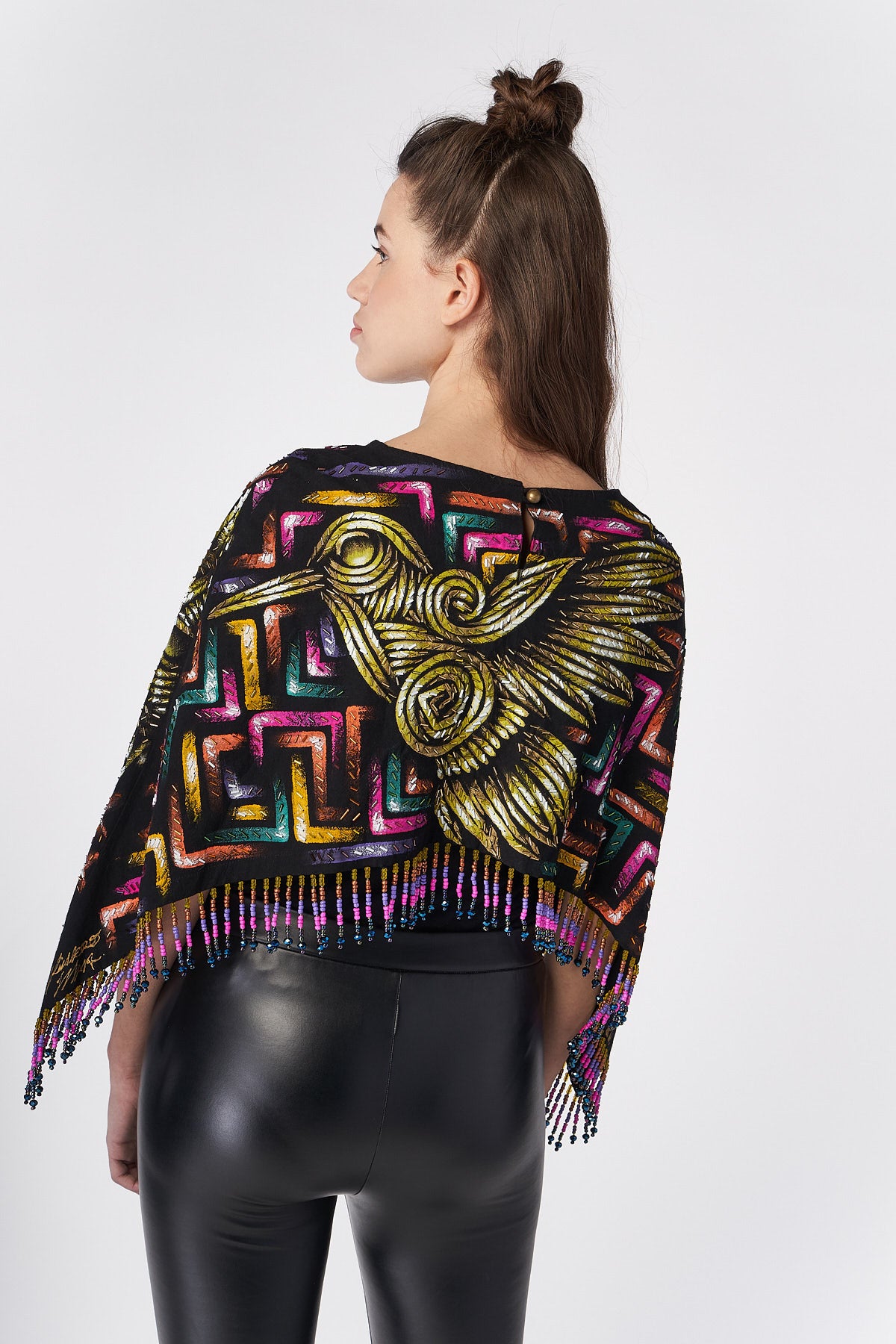 SHORT HAND-PAINTED AND HAND-EMBROIDERED CAPE WITH BEADED FRINGE