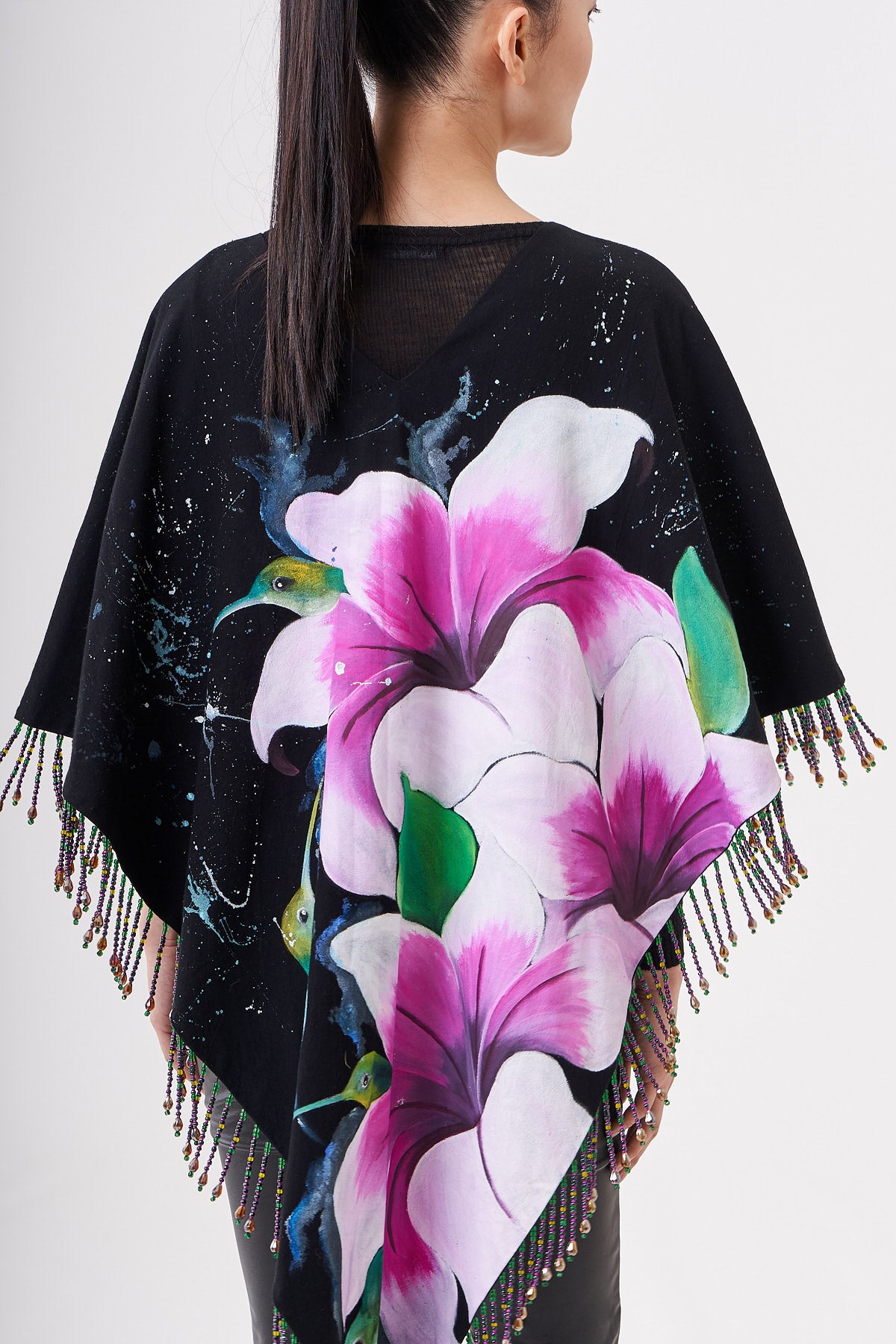 HAND-PAINTED PONCHO WITH BEAD FRINGE