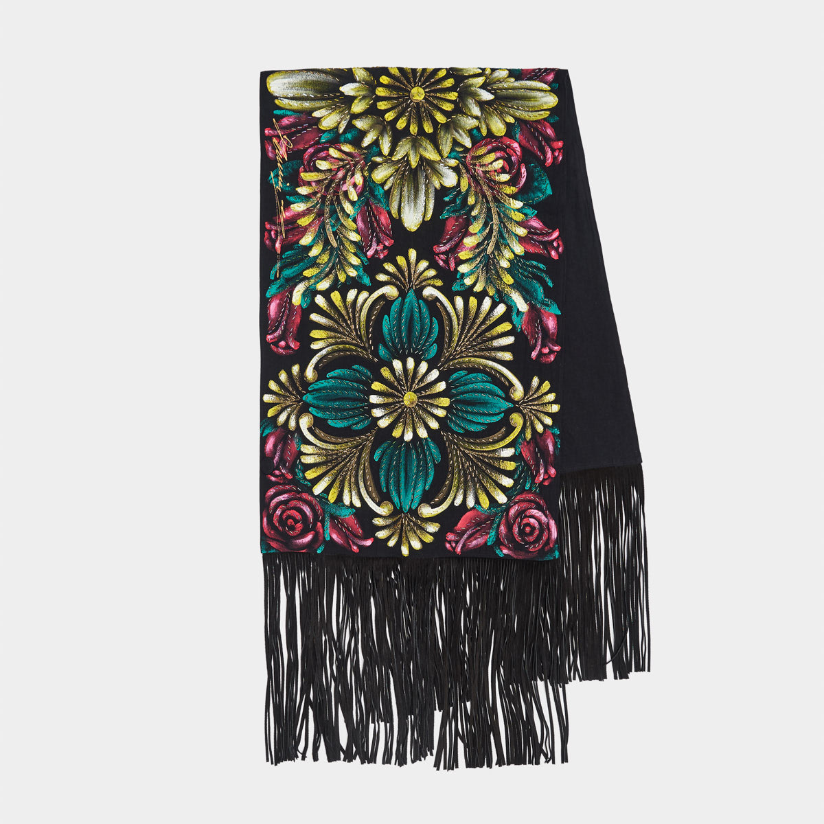 HAND-PAINTED AND HAND-EMBROIDERED SHAWL WITH SUEDE FRINGE