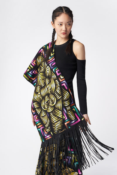 HAND-PAINTED SHAWL WITH SUEDE FRINGE