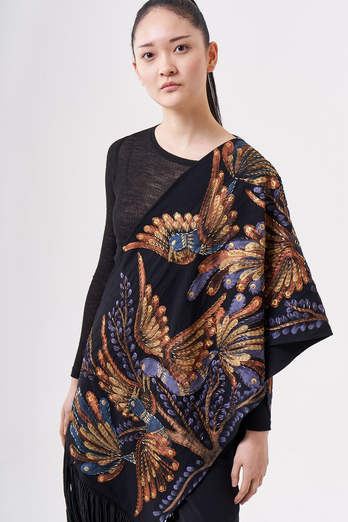 HAND-PAINTED AND HAND-EMBROIDERED SHAWL WITH SUEDE FRINGE