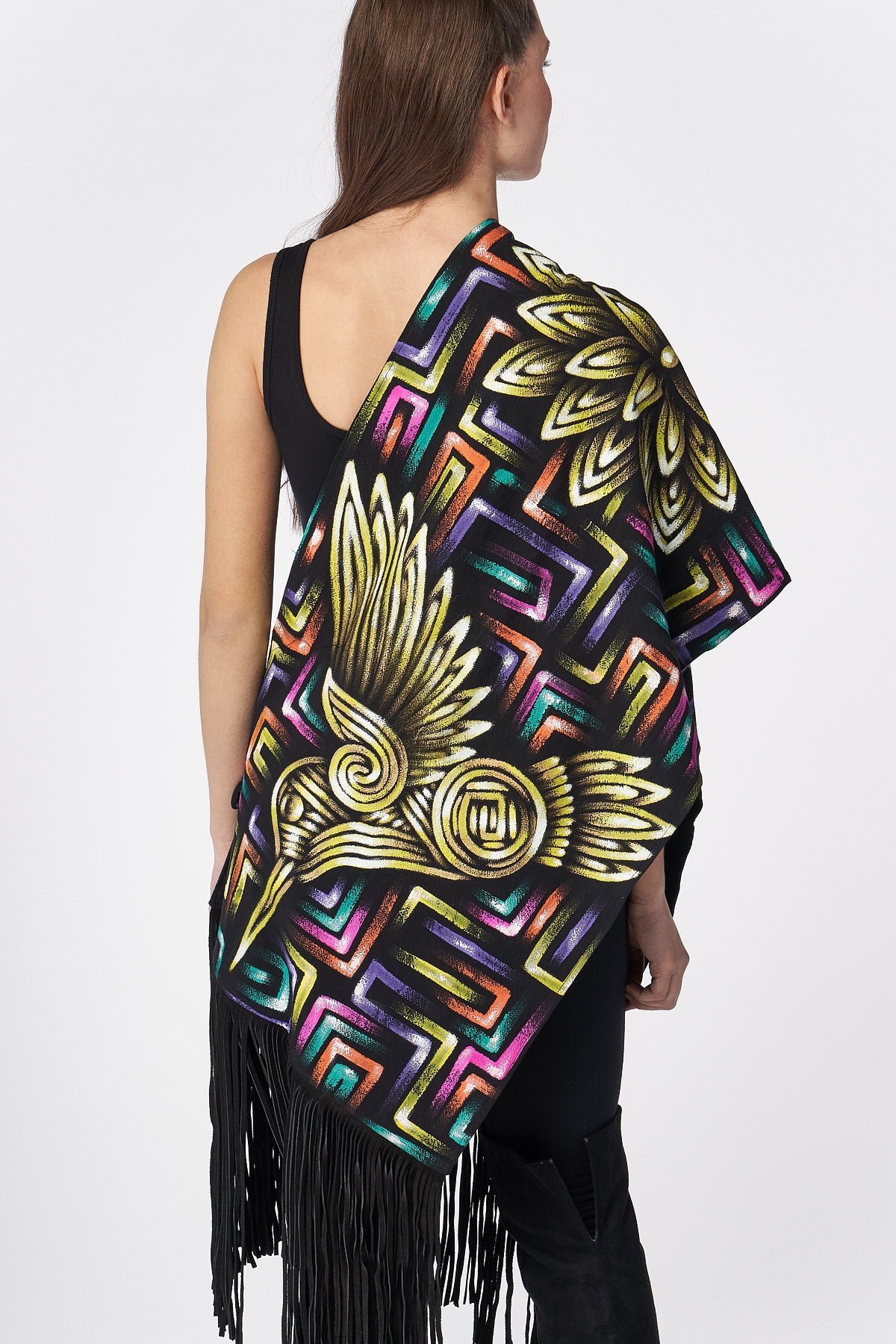 HAND-PAINTED SHAWL WITH SUEDE FRINGE