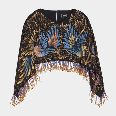 SHORT HAND-PAINTED AND HAND-EMBROIDERED CAPE WITH BEADED FRINGE