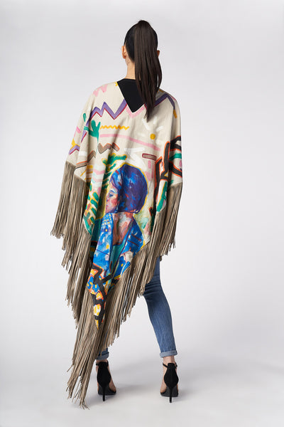 LONG PONCHO WITH HAND-PAINTED SUEDE FRINGE - INDIGENAS