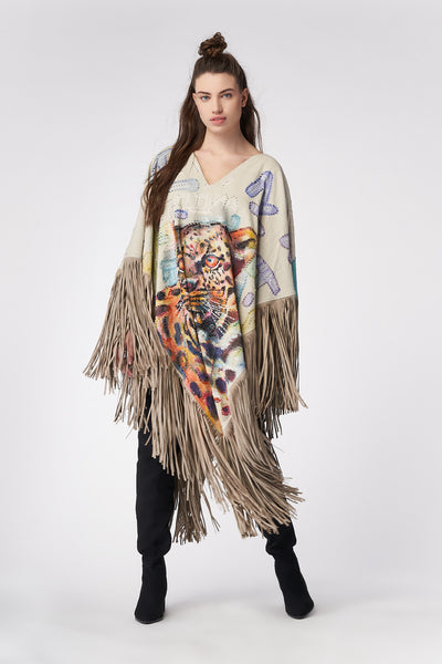 LONG HAND-PAINTED PONCHO WITH SUEDE FRINGE - ANIMALES SAGRADOS