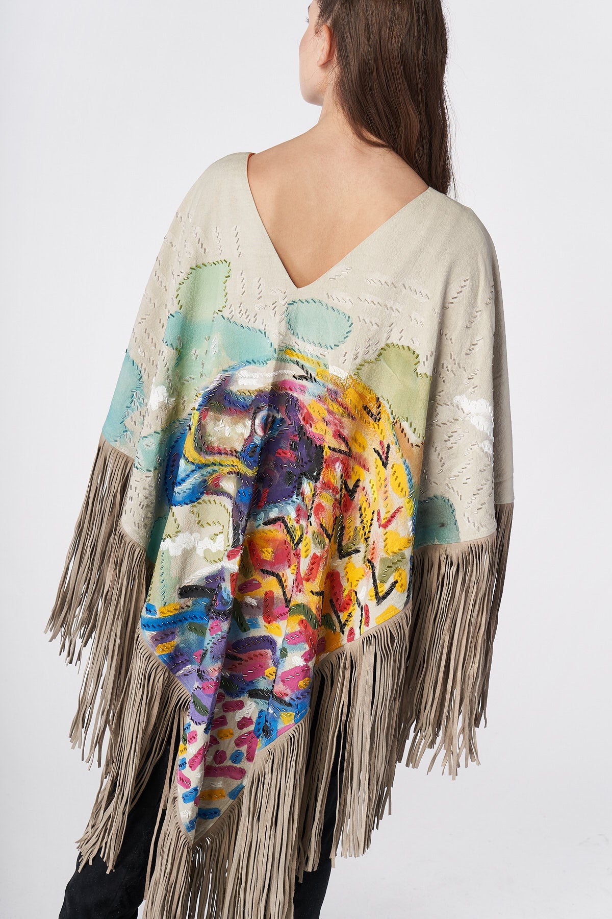 LONG HAND-PAINTED PONCHO WITH SUEDE FRINGE - ANIMALES SAGRADOS