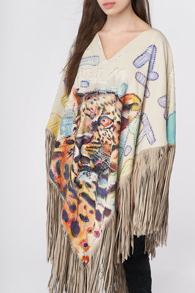 LONG HAND-PAINTED PONCHO WITH SUEDE FRINGE - ANIMALES SAGRADOS