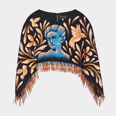SHORT HAND-PAINTED CAPE WITH BEADED FRINGE