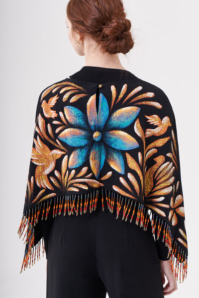 SHORT HAND-PAINTED CAPE WITH BEADED FRINGE