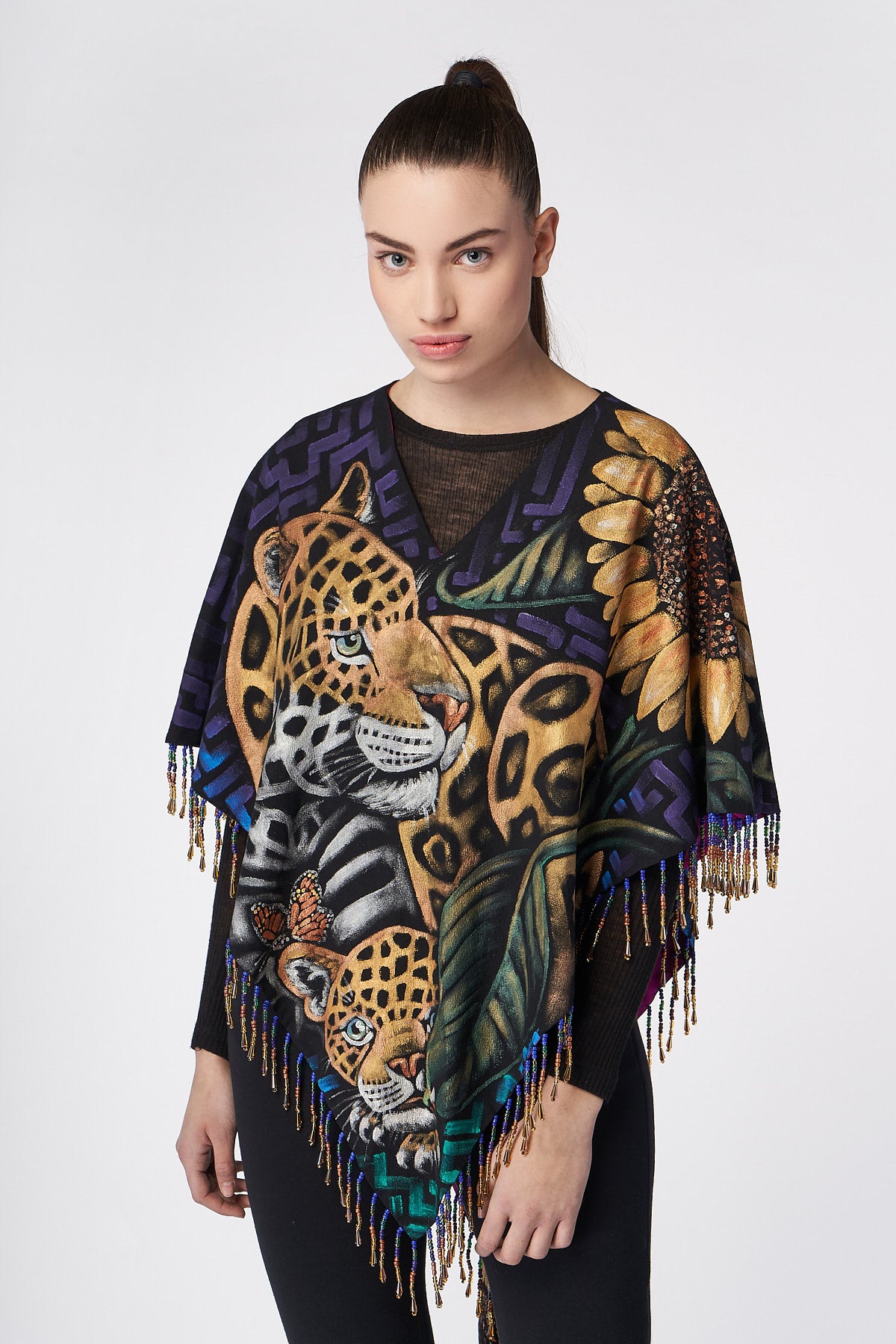 HAND-PAINTED PONCHO WITH BEADED FRINGE - ANIMALES SAGRADOS