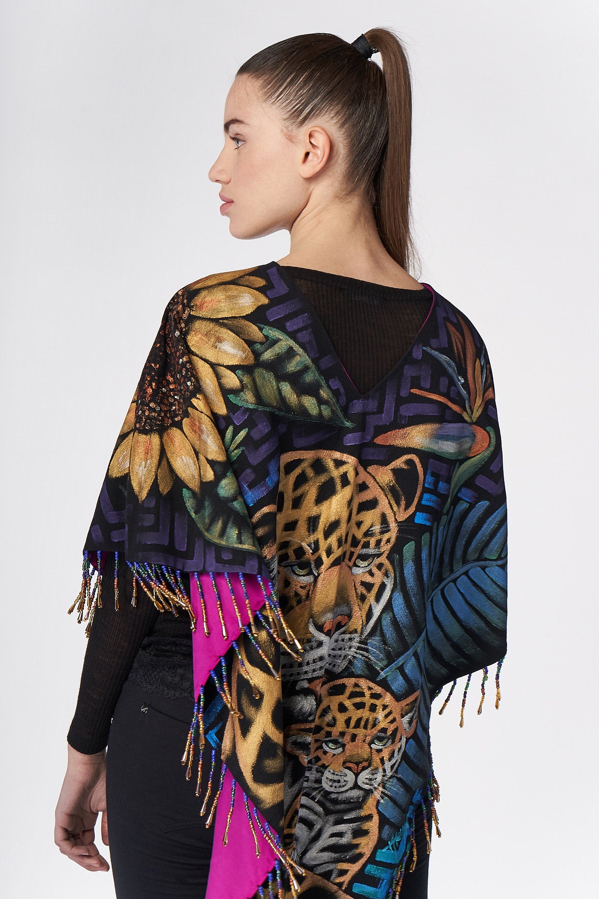 HAND-PAINTED PONCHO WITH BEADED FRINGE - ANIMALES SAGRADOS