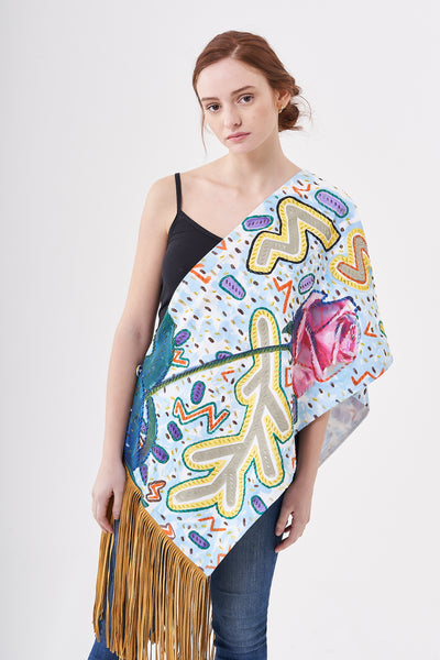 HAND-PAINTED AND HAND-EMBROIDERED SUEDE FRINGE SHAWL - FLORES