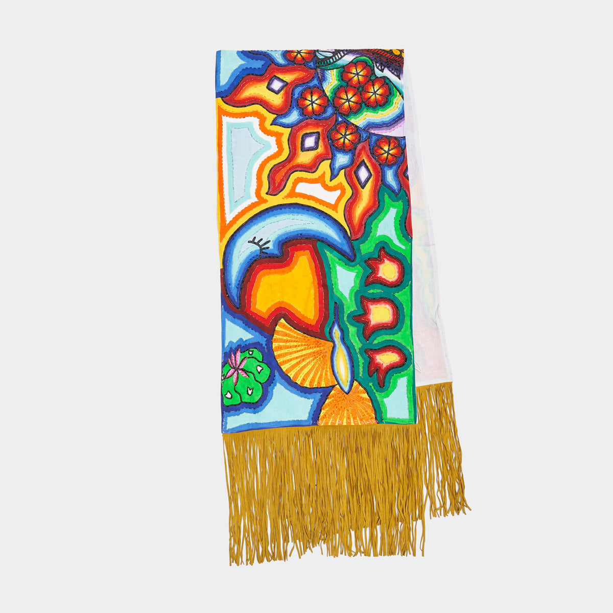 SCIALLE CON FRANGE DI CAMOSCIO DIPINTO A MANO - INDIGENAS - Sindashi Italia SCIALLE CON FRANGE DI CAMOSCIO DIPINTO A MANO - INDIGENAS - Sindashi Italia