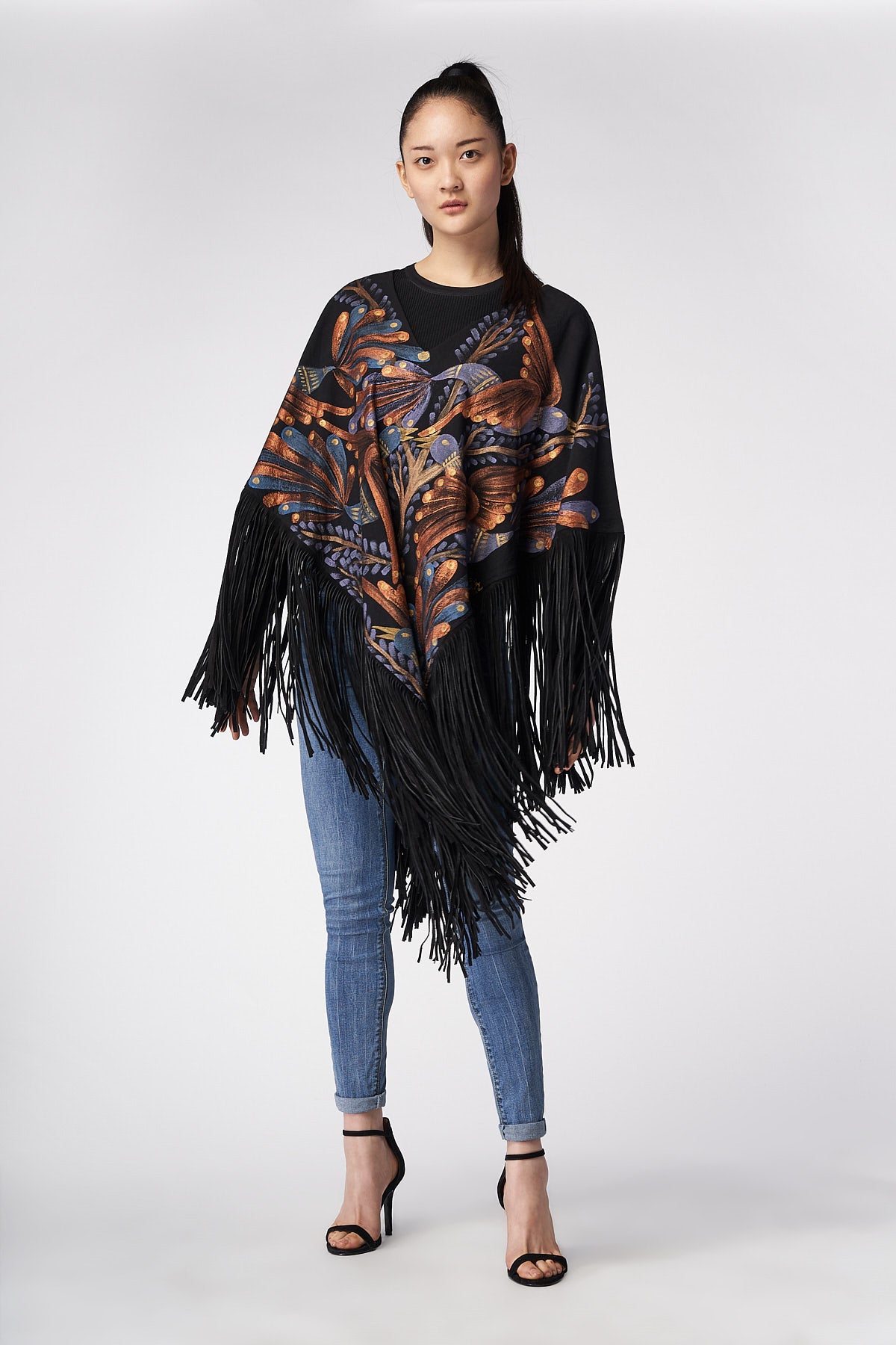 HAND-PAINTED PONCHO WITH SUEDE FRINGE