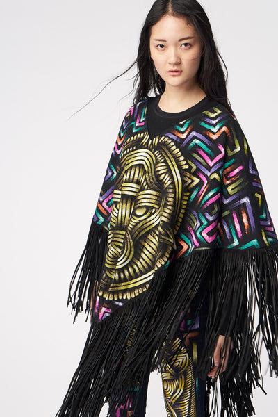 LONG HAND-PAINTED PONCHO WITH SUEDE FRINGE