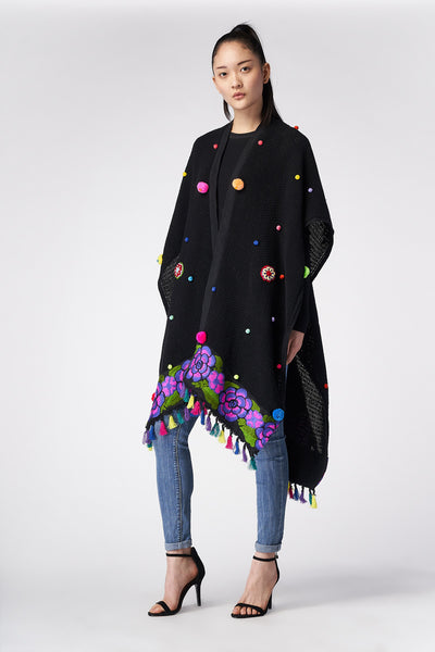 PONCHO CON BORDI IN JACQUARD FLOREALI - TEXTIL FLORES