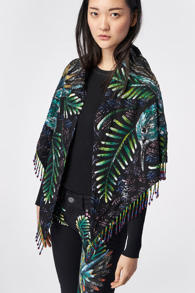 HAND-PAINTED AND HAND-EMBROIDERED TRIANGULAR SHAWL WITH BEADED FRINGE