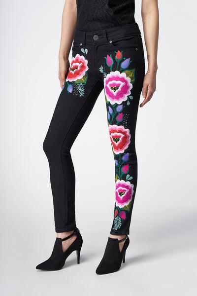HAND-PAINTED BLACK DENIM STRETCH JEANS WITH PINK FLOWERS - TEXTIL FLORES