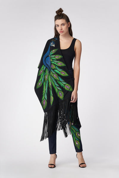 HAND PAINTED SUEDE FRINGE SHAWL - REAL PAVO