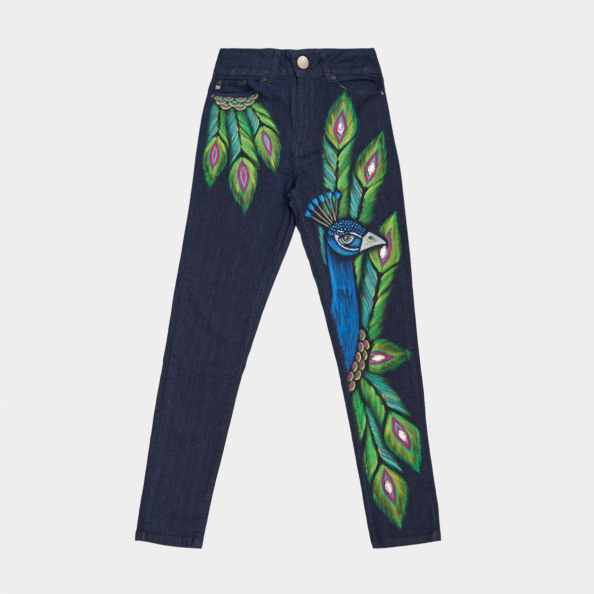 HAND PAINTED BLUE DENIM JEANS - PAVO REAL