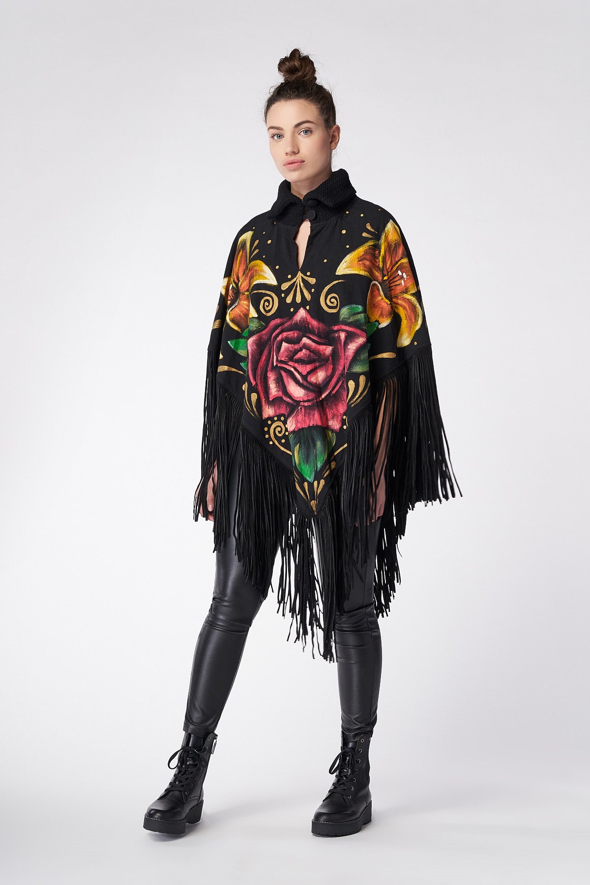HAND PAINTED SUEDE FRINGE PONCHO - FLORES