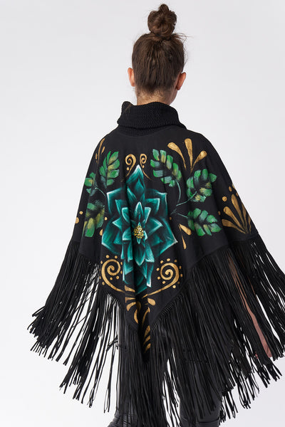 HAND PAINTED SUEDE FRINGE PONCHO - FLORES