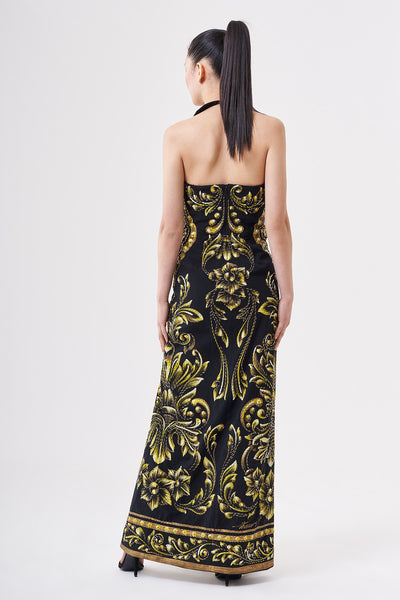 LONG DRESS WITH OPEN BACK HAND-PAINTED AND HAND-EMBROIDERED