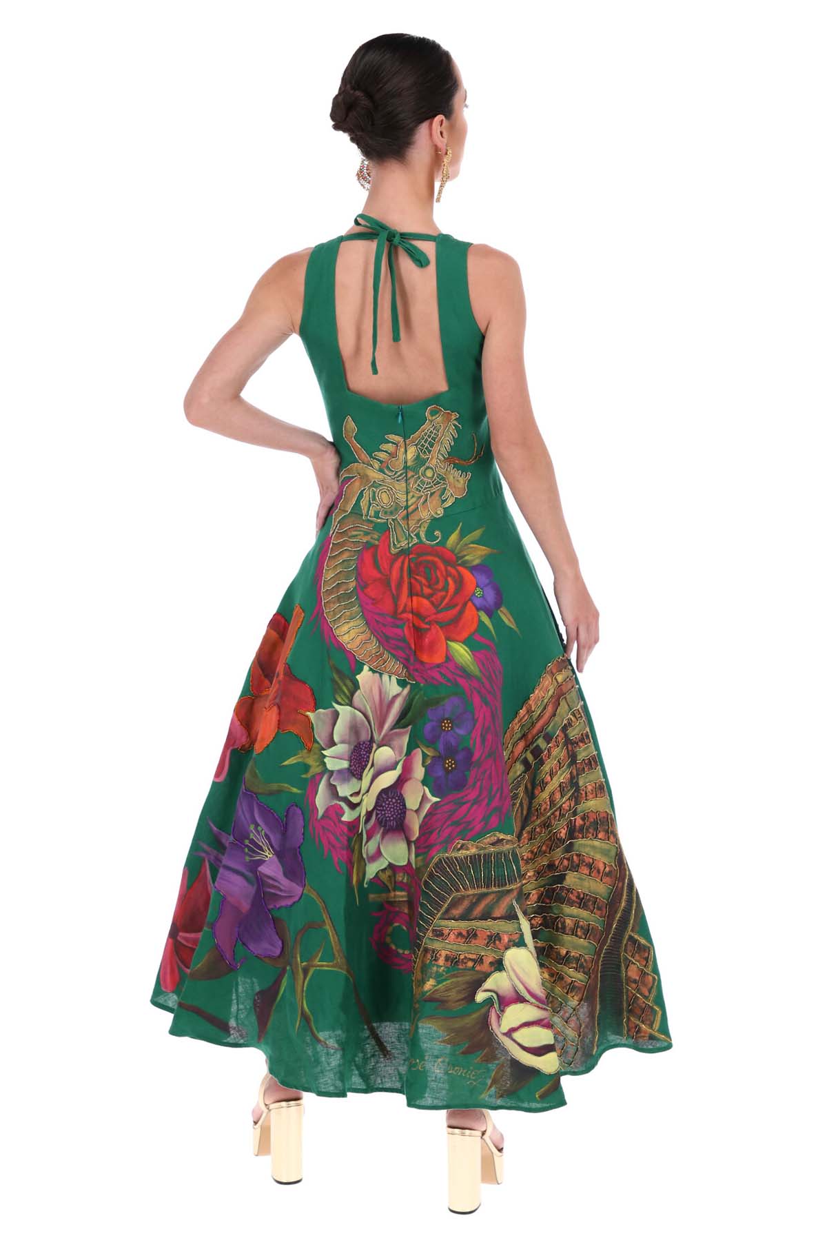 HAND PAINTED AND EMBROIDERED BELL MIDI DRESS - XOCHIQUETZAL