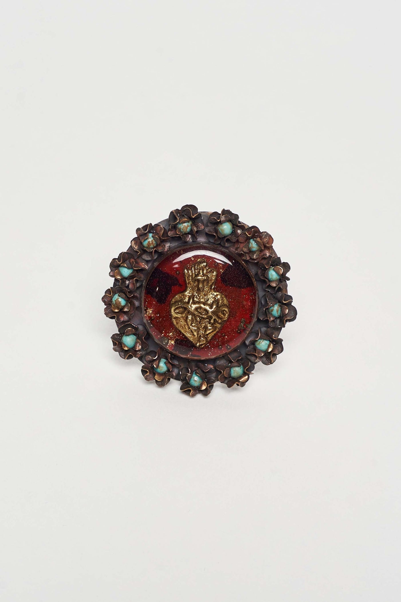 CORAZON SAGRADO RING WITH BRONZE FLOWERS AND HAND DECORATED RESIN