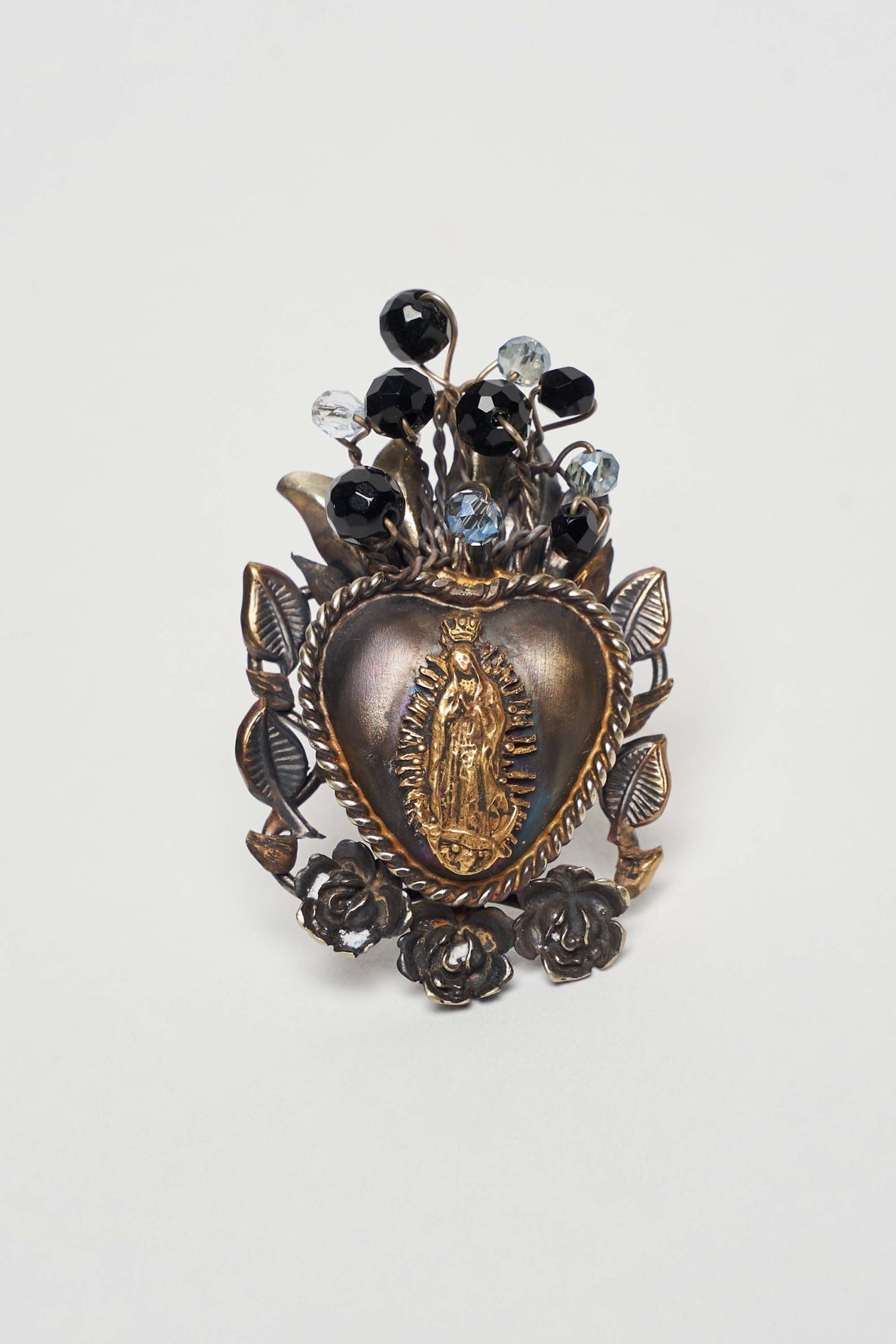 VIRGEN DE GUADALUPE RING WITH BLACK BEADS AND FACETED CRYSTALS