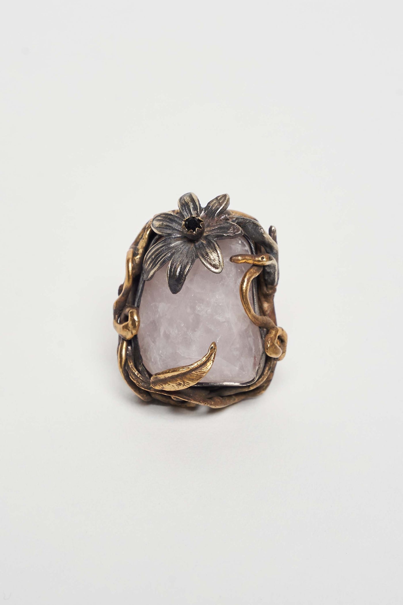 ROSE QUARTZ RING IN BRONZE WITH FACETED CRYSTAL