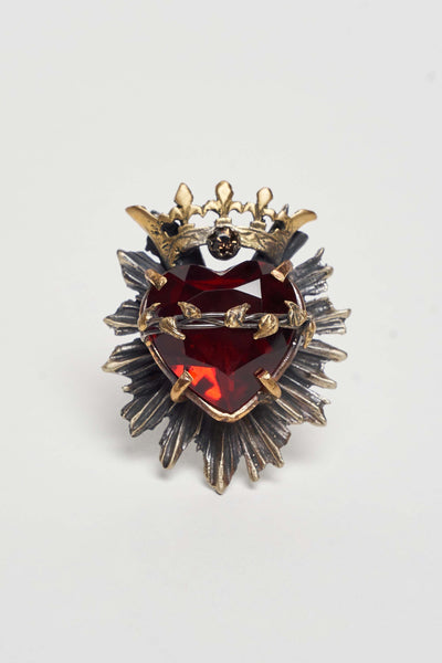 SAGRADO CORAZON CROWN RING WITH RED HAND FACETED HEART AND AMBER CRYSTAL