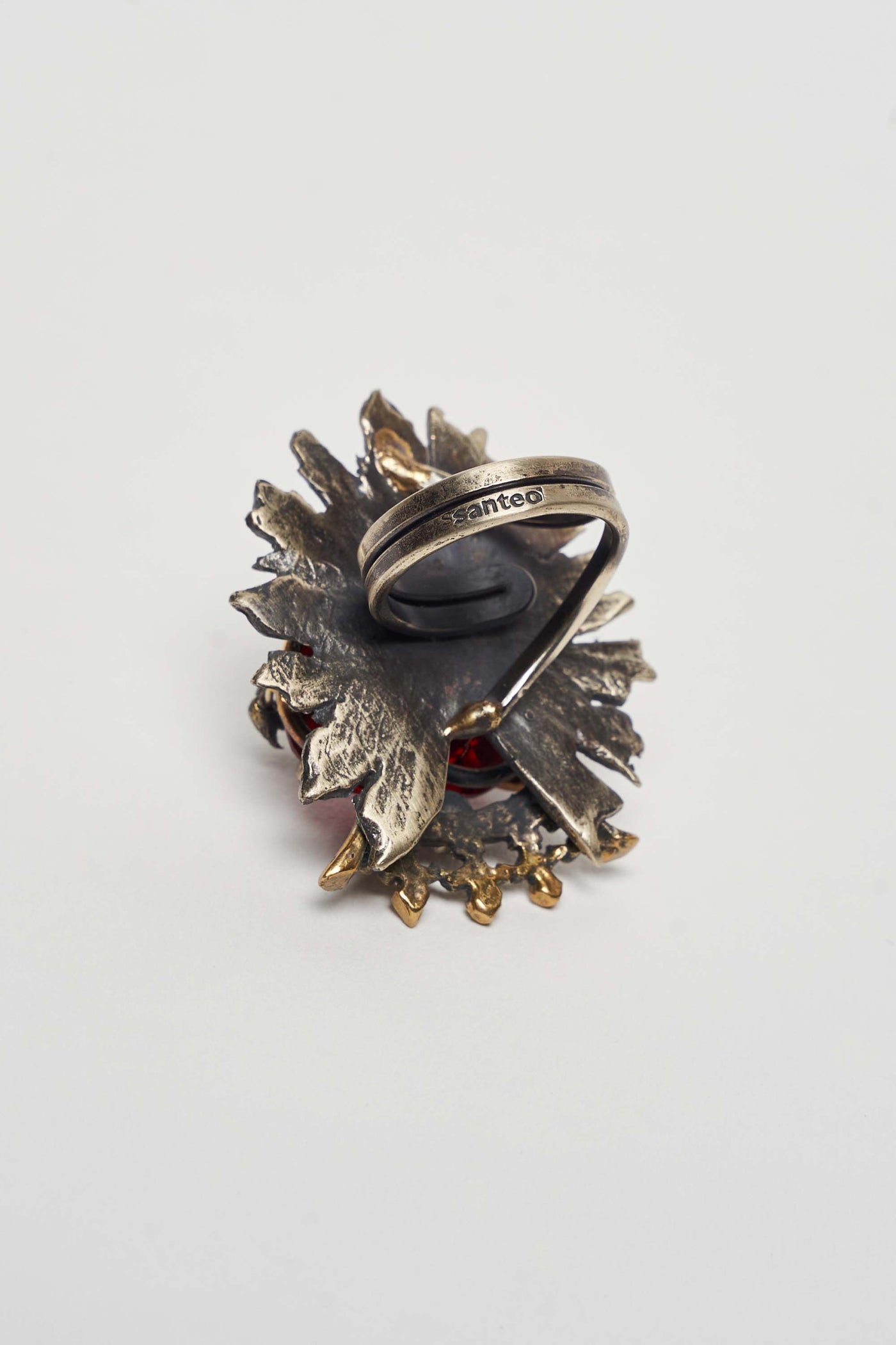 SAGRADO CORAZON CROWN RING WITH RED HAND FACETED HEART AND AMBER CRYSTAL